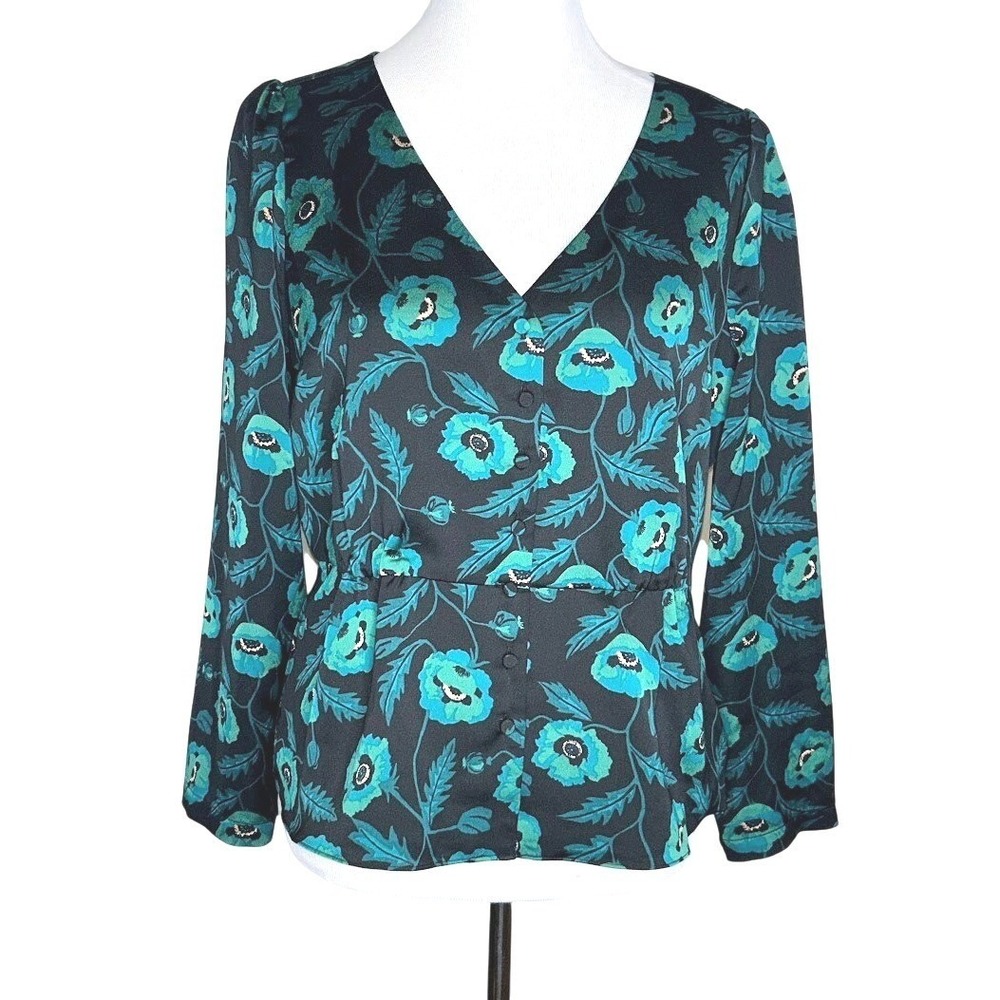 J. Crew Womens Teal Black Floral Poppy Satin Peplum V-Neck Button Blouse Size 10